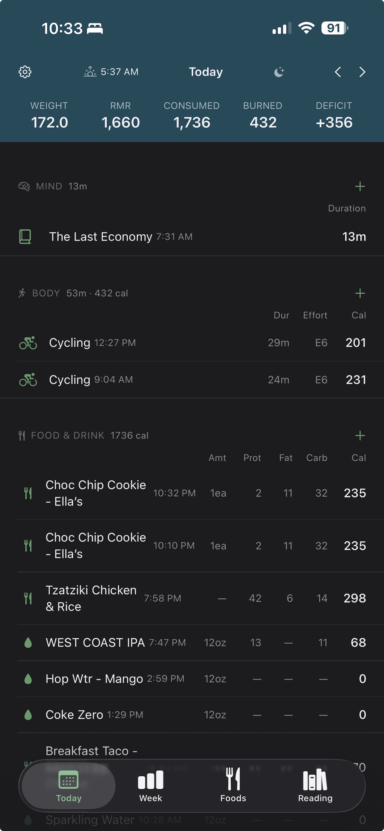 Daily Mind and Body app — Today view showing daily summary, mind sessions, workouts, and food log